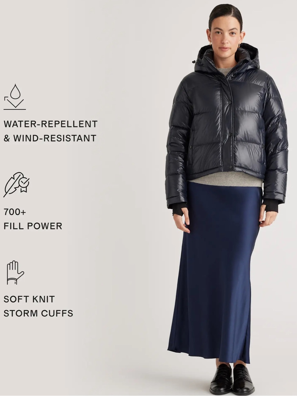 QUINCE Responsible Down Cropped Puffer Jacket Shiny Black Large - Picture 2 of 16